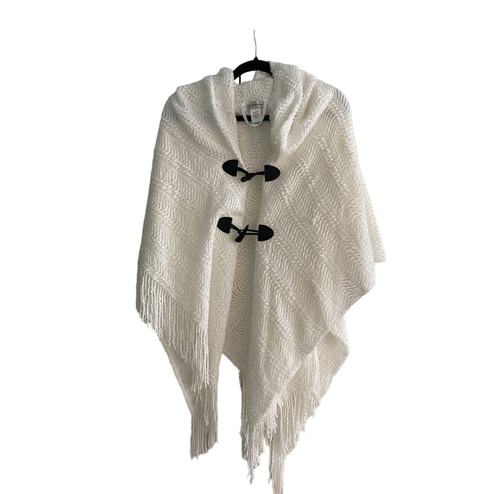 Neiman Marcus Silky Soft White Knit Fringed Hoody Poncho Faux bone Closure O/S